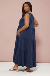 BUMP IT UP MATERNITY Plus Size Navy Blue Blanket Stitch Tiered Maxi Dress | Yours Clothing 1