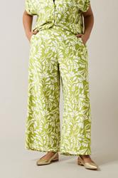 EVANS Plus Size Chartreuse Green Leaf Print Wide Leg Trousers | Evans 4