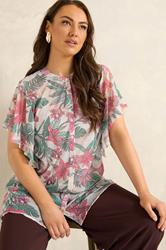 EVANS Curve Green Floral Frill sleeve Blouse | Evans 3