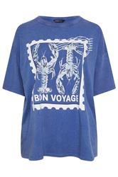 YOURS Curve Blue 'Bon Voyage' Acid Wash Slogan T-Shirt
