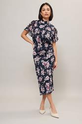 PixieGirl Petite Women's Navy Blue Floral Print Flutter Sleeve Dress | PixieGirl 2