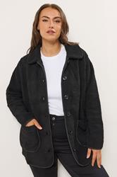 YOURS Plus Size Black Button Teddy Fleece Jacket | Yours Clothing 1