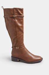 Brown Buckle Stretch Back Knee High Boots In Standard Fit | Yours Clothing 2