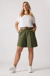 YOURS Plus Size Khaki Green Belted Linen Shorts | Yours Clothing 1