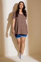 YOURS Plus Size Mocha Brown Button Front Ribbed Swing Top | Yours Clothing 3