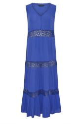 PixieGirl Petite Women's Blue Crochet Trim Tiered Cotton Maxi Dress | PixieGirl 5
