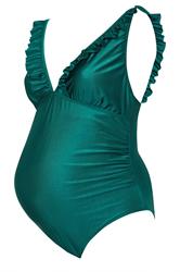 BUMP IT UP MATERNITY Plus Size Green Ruffle Tie Back Swimsuit | Yours Clothing 5