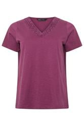 M&Co Berry Purple Lace Trim V-Neck Cotton T-Shirt