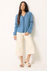 M&Co Petite Blue Lace Trim Pintuck Blouse | M&Co 1