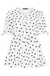YOURS Curve White Polka Dot Bow Front Peplum Top