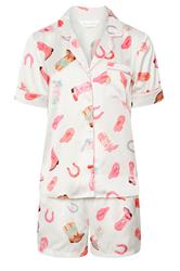 PixieGirl Petite Set White Satin Cowboy Graphic Short Pyjamas