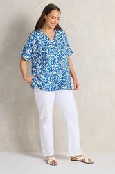 EVANS Plus Size Blue Leaf Print Premium Linen Front Pleat Top | Evans 1