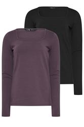 LTS Tall 2 PACK Purple & Black Square Neck Tops