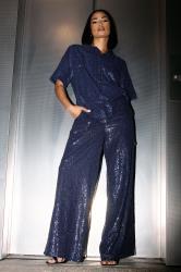 PixieGirl Petite Women's Navy Blue Sequin Embellished Wide Leg Trousers | PixieGirl 3