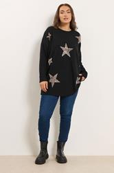 YOURS Plus Size Black Sequin Embellished Star Jumper | Yours Clothing 1