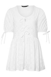 YOURS Curve White Broderie Anglaise Tie Front Peplum Top
