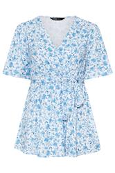 YOURS Curve Blue Floral Print Ribbed Wrap Top