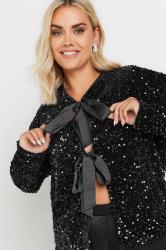 YOURS Plus Size Black Velvet Bow Tie Front Sequin Jacket | Yours Clothing 2