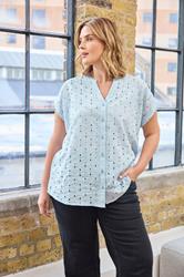 EVANS Plus Size Blue Broderie Short Sleeve Shirt | Evans 3