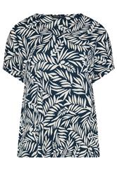 EVANS Curve Navy Blue Leaf Print Crinkle Blouse