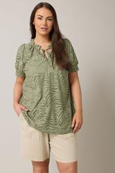 EVANS Plus Size Khaki Green Burnout Print Tie Neck Blouse | Evans 3