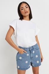 PixieGirl Petite Women's Blue Denim Daisy Embroidered Shorts | PixieGirl 3