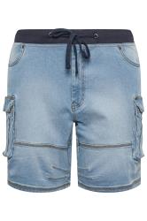 BadRhino Big & Tall Blue Light Wash Elasticated Waist Denim Cargo Shorts
