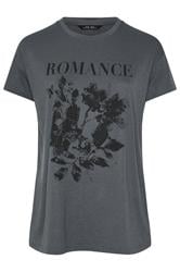 YOURS Curve Grey Floral 'Romance' Embellished Slogan T-Shirt