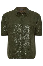 PixieGirl Petite Khaki Green Sequin Embellished Short Sleeve Shirt