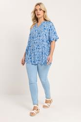 YOURS Plus Size Blue Crinkle Floral Notch Neck Top | Yours Clothing 1