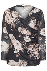 YOURS LONDON Curve Grey Floral Print Wrap Top
