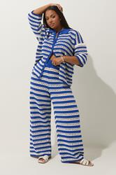 LIMITED COLLECTION Plus Size Blue & White Stripe Crochet Shirt | Yours Clothing 1