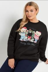 YOURS Plus Size Black Teddy Bear Christmas Print Sweatshirt | Yours Clothing 1