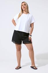 LIMITED COLLECTION Plus Size Black Lace Hem Crinkle Shorts | Yours Clothing 1