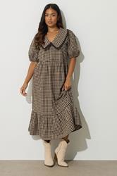 PixieGirl Petite Women's Brown Gingham Big Collar Cotton Maxi Dress | PixieGirl 1