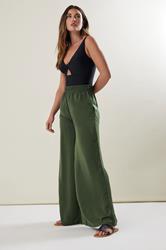 LTS Tall Khaki Green Matt Satin Wide Leg Trousers | Long Tall Sally 2