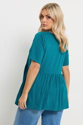 YOURS Plus Size Teal Blue Bow Tie Front Peplum Top | Yours Clothing 2