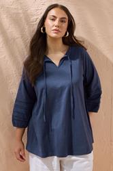EVANS Plus Size Navy Blue Tie Neck Cotton Top | Evans 3