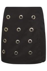 PixieGirl Petite Womens Black Eyelet Detail Cotton Wrap Mini Skirt | PixieGirl 5