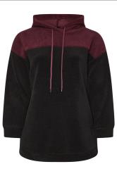 YOURS Curve Black & Burgundy Red Colourblock Teddy Fleece Hoodie