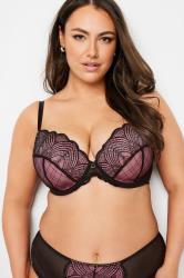 YOURS Plus Size Black & Pink Lace Detail Mesh Padded Bra | Yours Clothing 1
