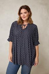 EVANS Plus Size Navy Blue Dobby Tie Neck Pintuck Blouse | Evans 3