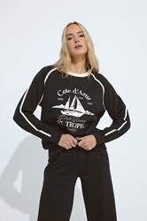 LTS Tall Black 'Cote d'Azur' Slogan Pipe Detail Sweatshirt | Long Tall Sally  3