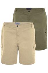 BadRhino Big & Tall 2 PACK Stone Brown & Khaki Green Stretch Cargo Shorts
