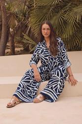 EVANS Plus Size Navy Blue Palm Border Print Trousers | Evans 3