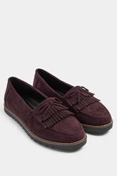 Burgundy Red Faux Suede Fringe Loafers In Wide E Fit | Yours Clothing 2