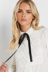 PixieGirl Petite Women's Ivory White Lace Trim Tie Neck Shirt | PixieGirl 4