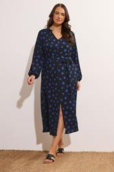 EVANS Plus Size Black & Blue Spot Print Split Front Dress | Yours Clothing  3