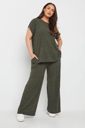 YOURS Plus Size Khaki Green Knitted Wide Leg Trousers | Yours Clothing 1