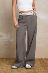 PixieGirl Petite Women's Grey Cross Over Contrast Waistband Trousers | PixieGirl 1